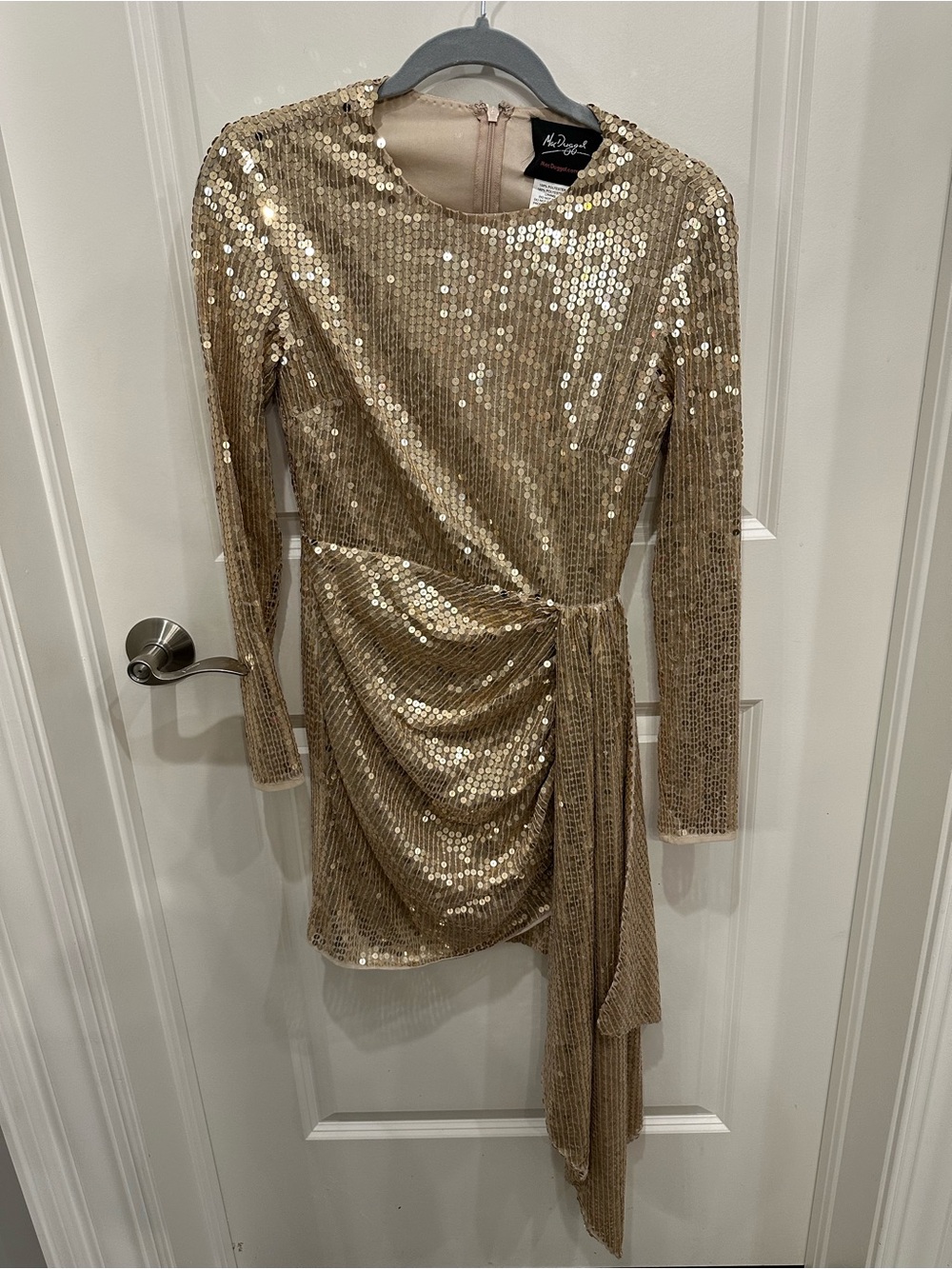Mac Duggal Gold Sequin Long-Sleeve Draped Mini Dress